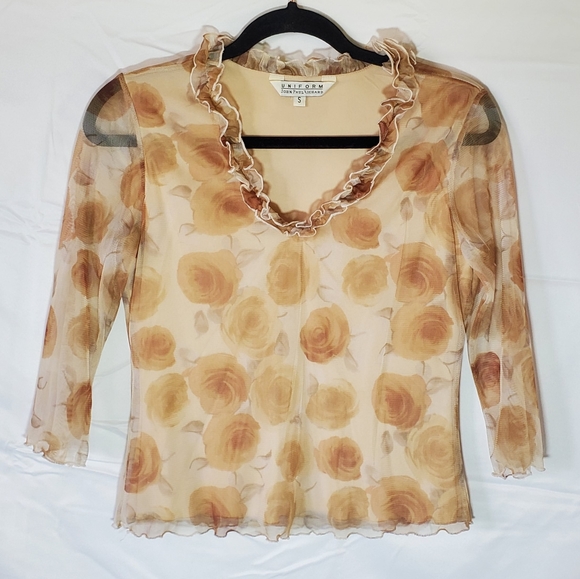 Y2K Vintage Semisheer Floral Cream Tan Top - Picture 3 of 8